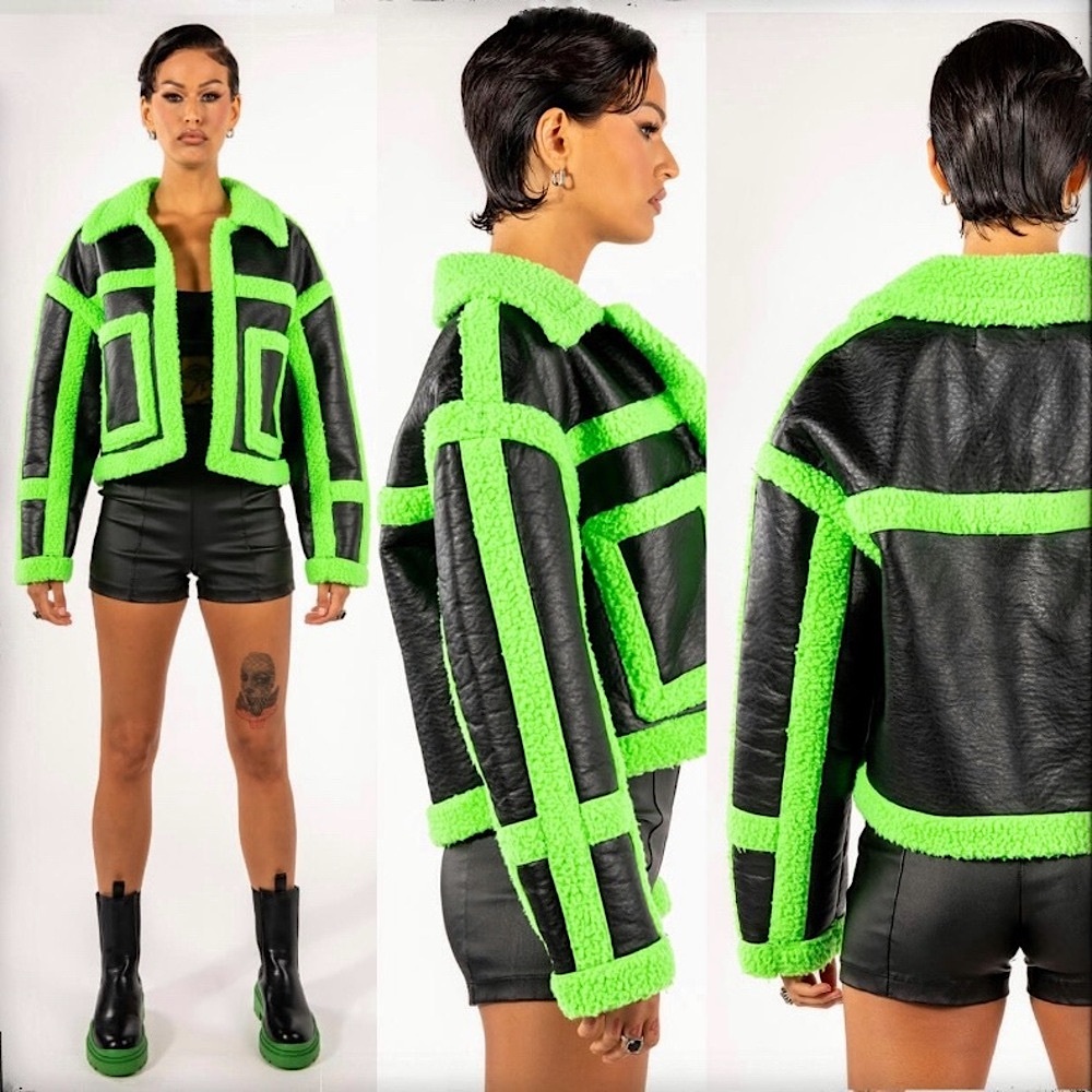 AKIRA Label La Vida Lime Crime Pleather Sherpa Coat Faux Leather Neon 💚 Size XL - Picture 2 of 16